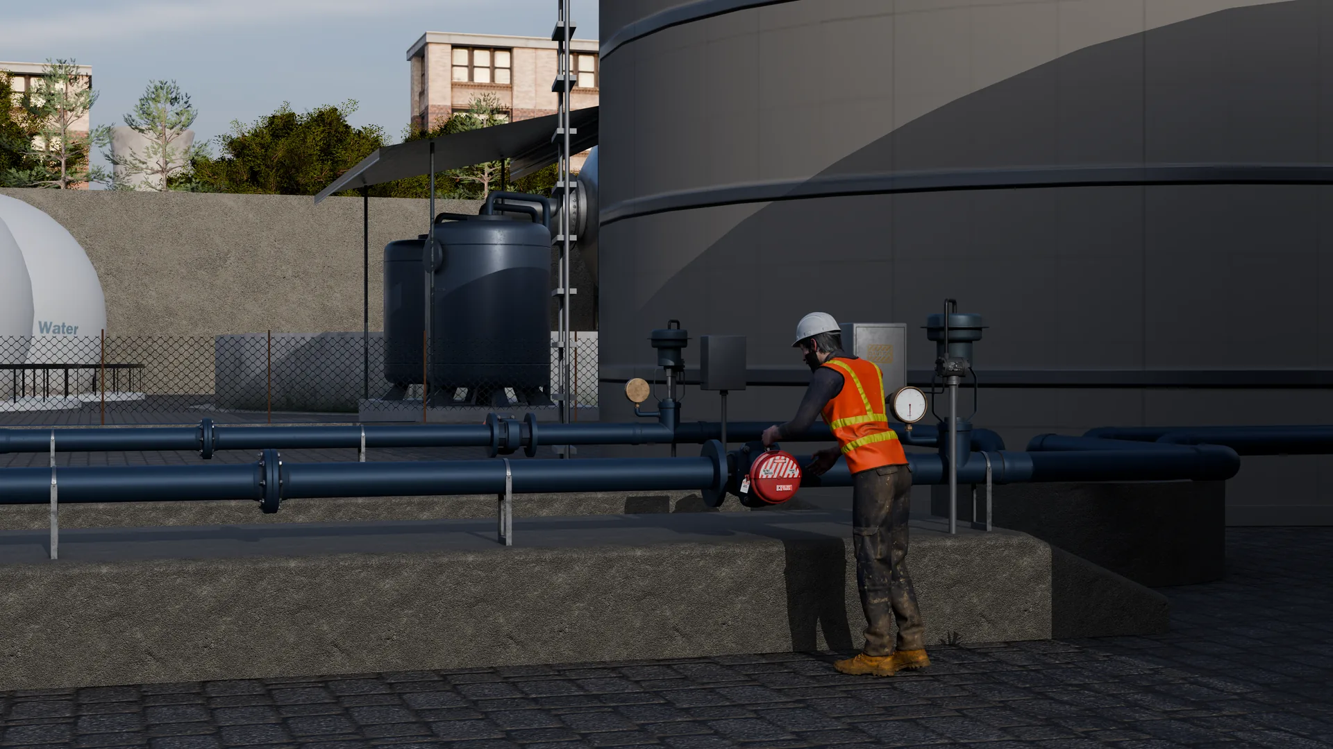 Operator in PPE working a valve on an industrial pipeline in VR training